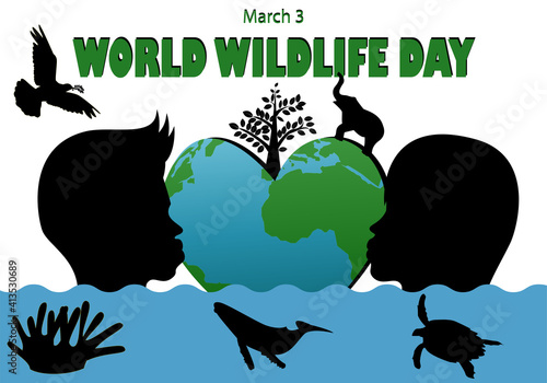 Día mundial de la vida salvaje, animales, plantas y fondo submarino. 3 de marzo