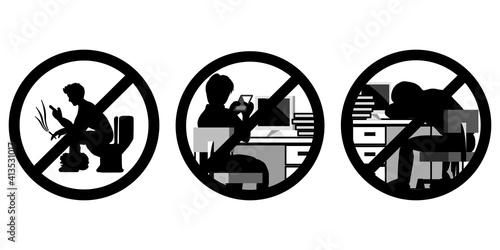 The vector of three pictures that showing about signs of do not play  the phone during working hours. Do not sleep during work, And no smoking in the toilet.