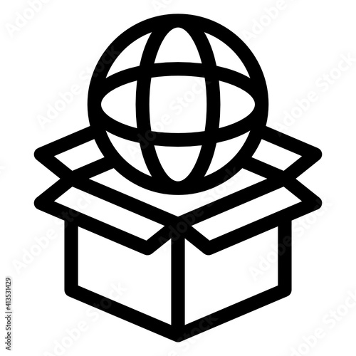 
Globe inside parcel, line icon of global delivery
