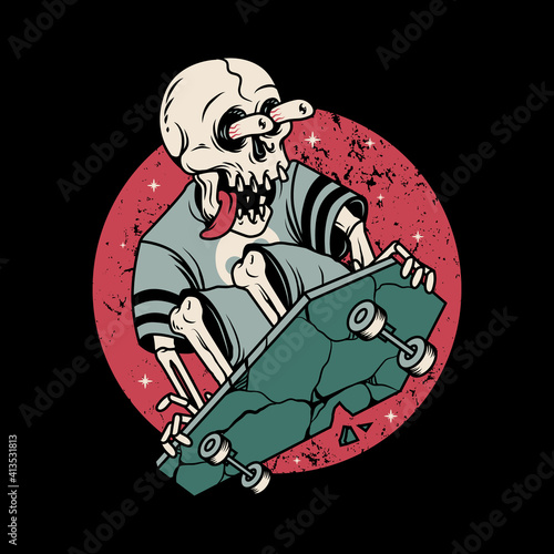 Skull horror playing skateboard graphic illustration vector art t-shirt design