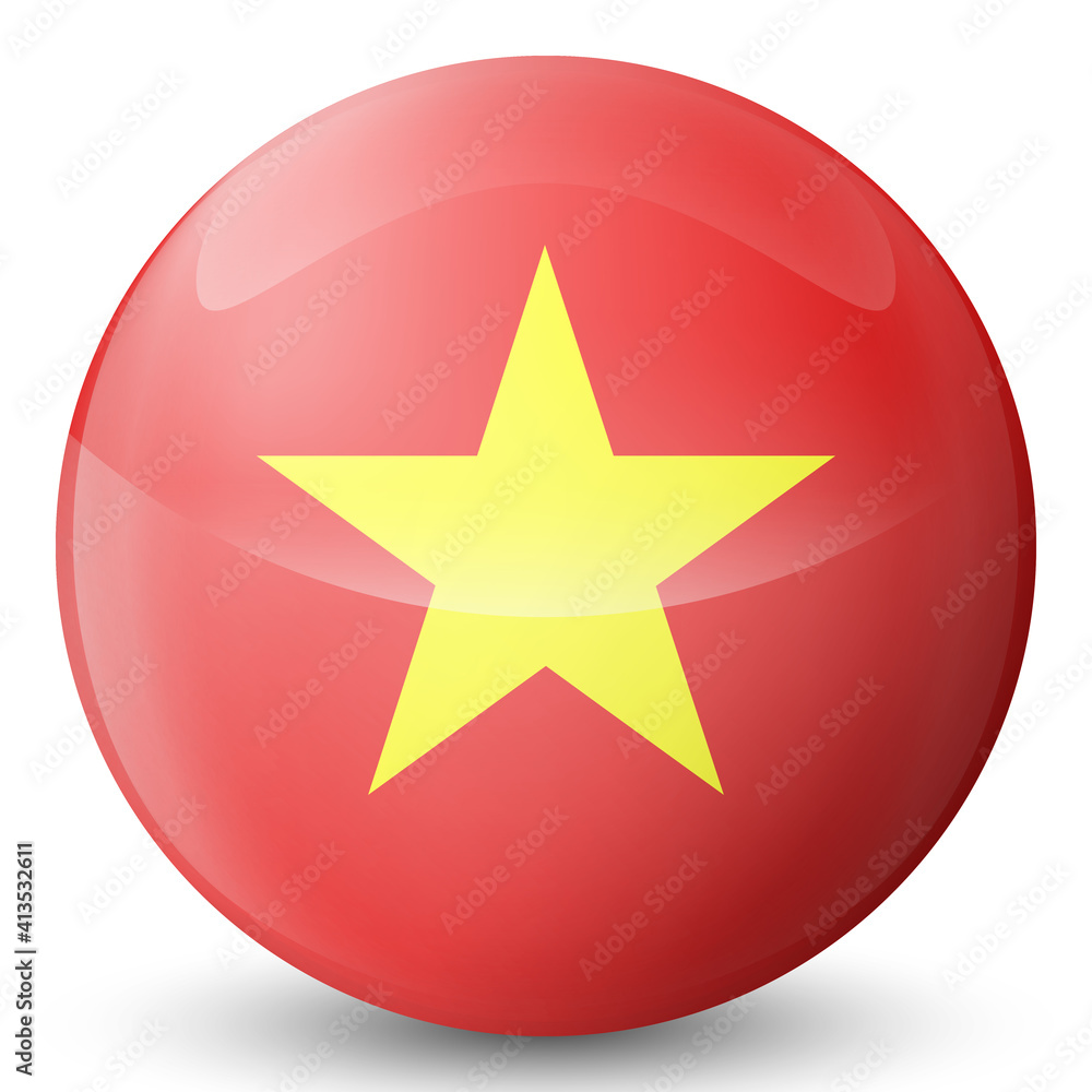 Glass light ball with flag of Vietnam. Round sphere, template icon. Vietnamese national symbol. Glossy realistic ball, 3D abstract vector illustration highlighted on a white background. Big bubble. Glass light ball with flag of Vietnam. Round sphere, template icon. Vietnamese national symbol. Glossy realistic ball, 3D abstract vector illustration highlighted on a white background. Big bubble.