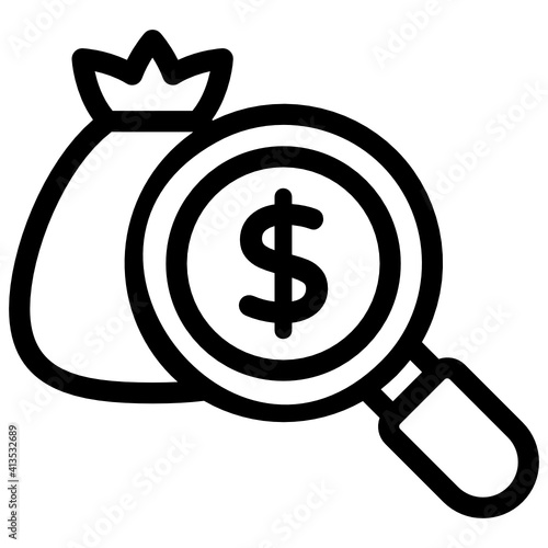 
Dollar inside magnifier denoting linear icon of financial search 
