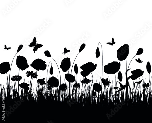 blumenwiese, silhouette, vektor, schwarz, natur, frühling, feld, gras, schwarz, gänseblümchen, mohn, lövenzahn, park, wand, malerei, tatoo, entwerfen, abstrakt, zeichnen, grafik, schablone, zeichnen 