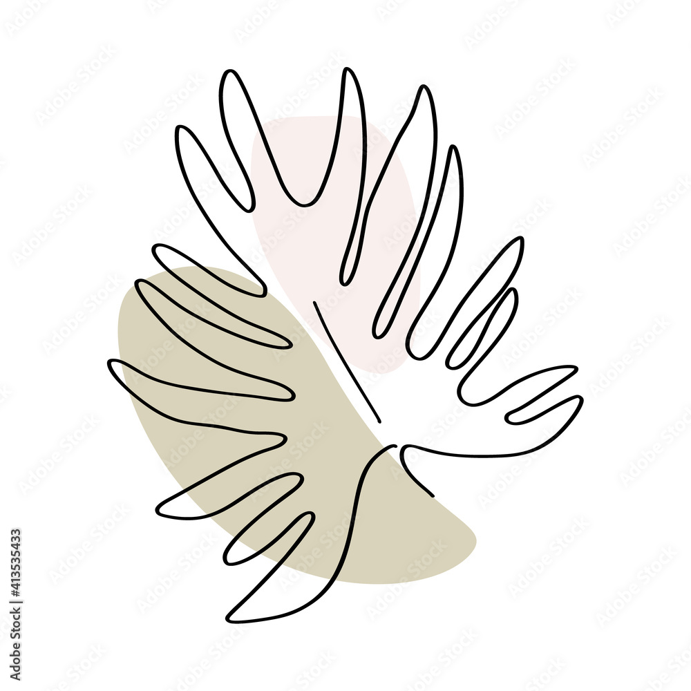 Obraz premium Tropical leaf one line art. Elegant outline drawing. . Modern abstract floral art and shapes isolated on white background. Pastel color palette combined with black graphics. Vector illustration.
