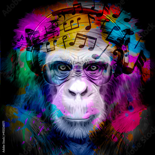Carta da parati Scimmie - Carta da parati monkey head in reggae hat and eyeglasses with creative abstract elements on white background