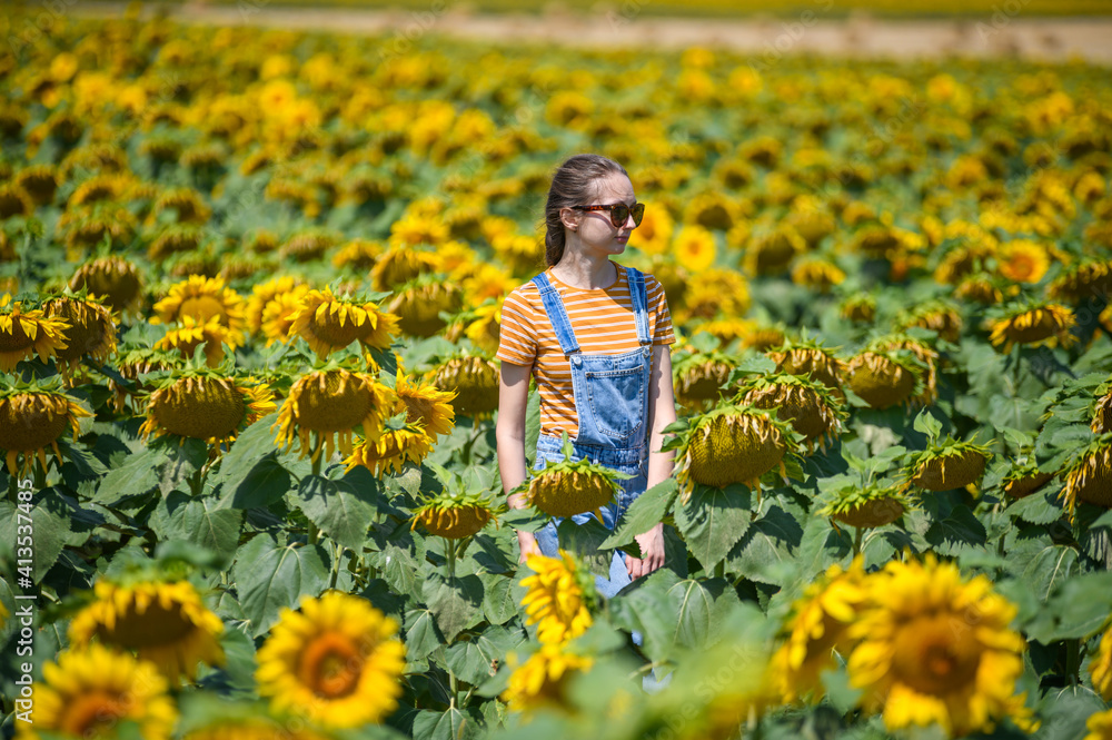 Girl in the middle of field with sunflowers Girl in the middle of field with sunflowers