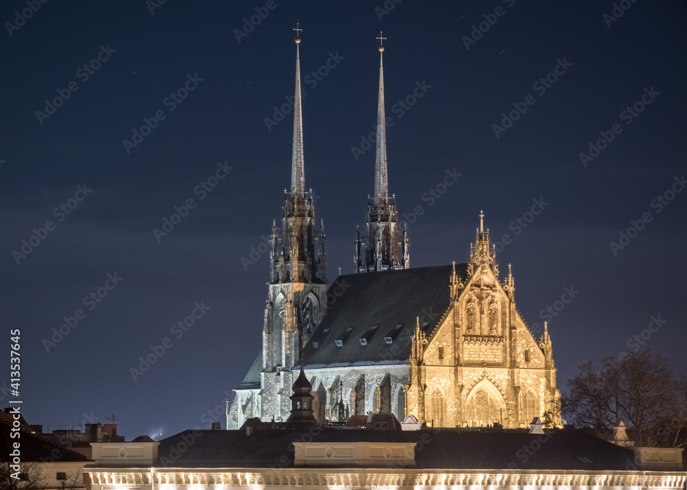 Cathedral of St. Peter and Paul at nigth in Brno,  Czech Republic, Europe