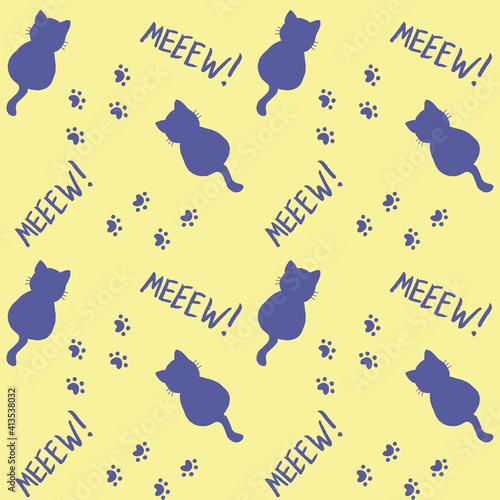 Cute seamless pattern with cats, steps and mew quote. Yellow and blue colors. Doodle cartoon style. Modern abstract design for packaging, paper, cover, fabric, cards, textile. Vector illustration