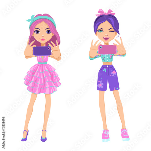 Vector Set beautiful fashion girls make selfie