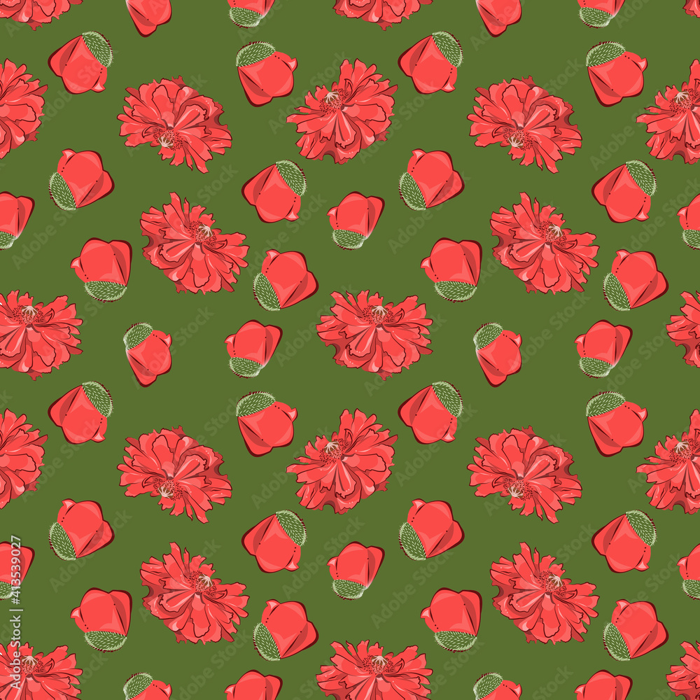 A color pattern of poppy flowers on a green background.