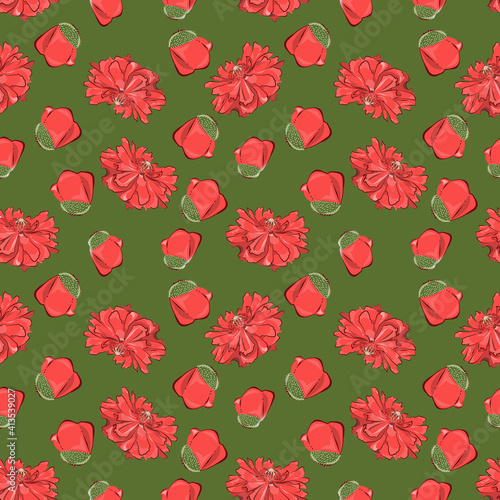 A color pattern of poppy flowers on a green background.