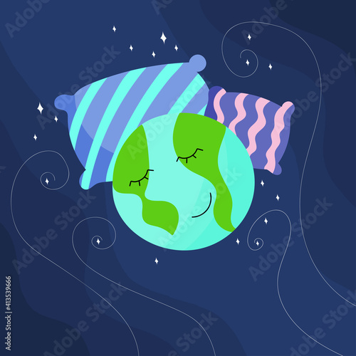 World sleep day. Vector illustration of sleeping earth on pillows. Healthcare.