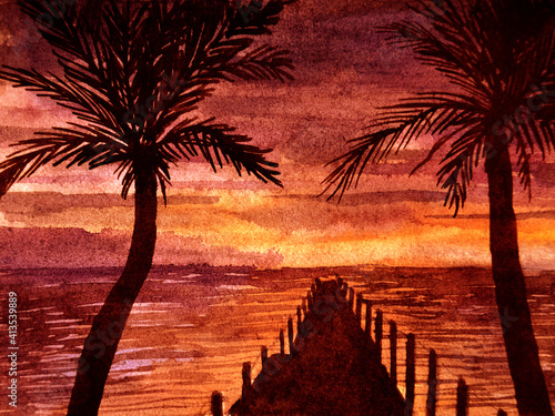 watercolor landscape with bridge, sea, palm trees, sunset sky