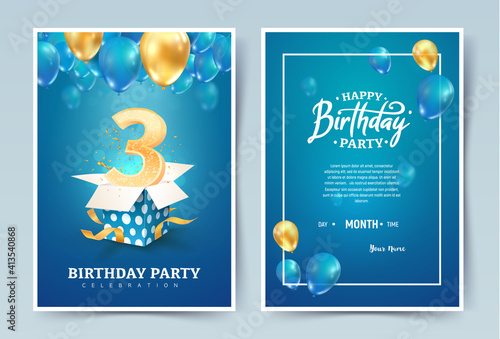 3 th years birthday vector invitation card. Three years anniversary celebration brochure. Template of invitational for print on blue background