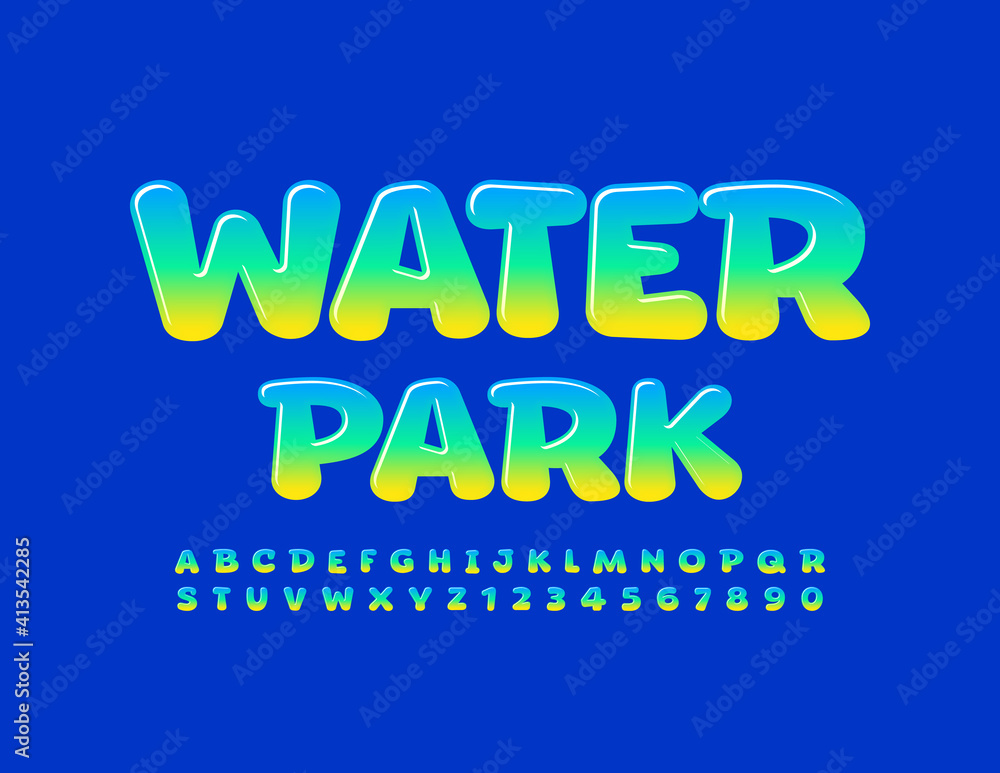 Vector creative logo Water Park. Gradient color Font. Bright set of Alphabet Letters and Numbers