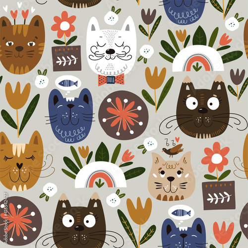 Seamless pattern with cute kittens. Vector cartoon illustration