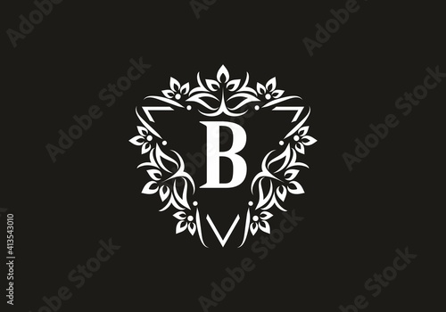 Fototapeta Naklejka Na Ścianę i Meble -  White black B initial letter in classic frame
