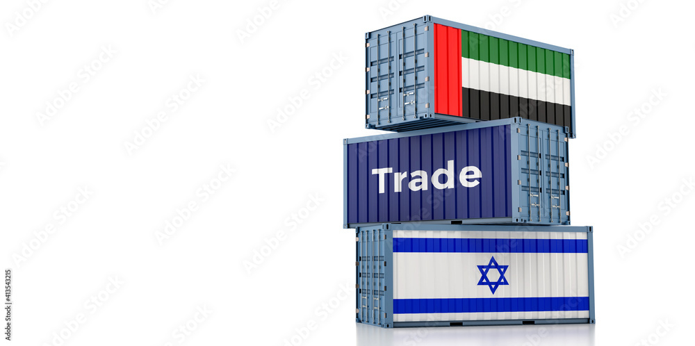 Freight containers with United Arab Emirates and Israel flag. 3D Rendering Freight containers with United Arab Emirates and Israel flag. 3D Rendering