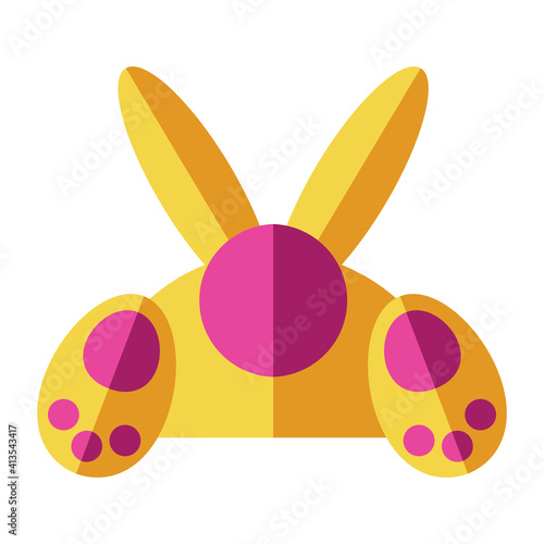 Happy Easter rabbit in flat style pink and yellow isolated on white background. Greeting card or banner with bunny in bright colors. Square format, vector illustration