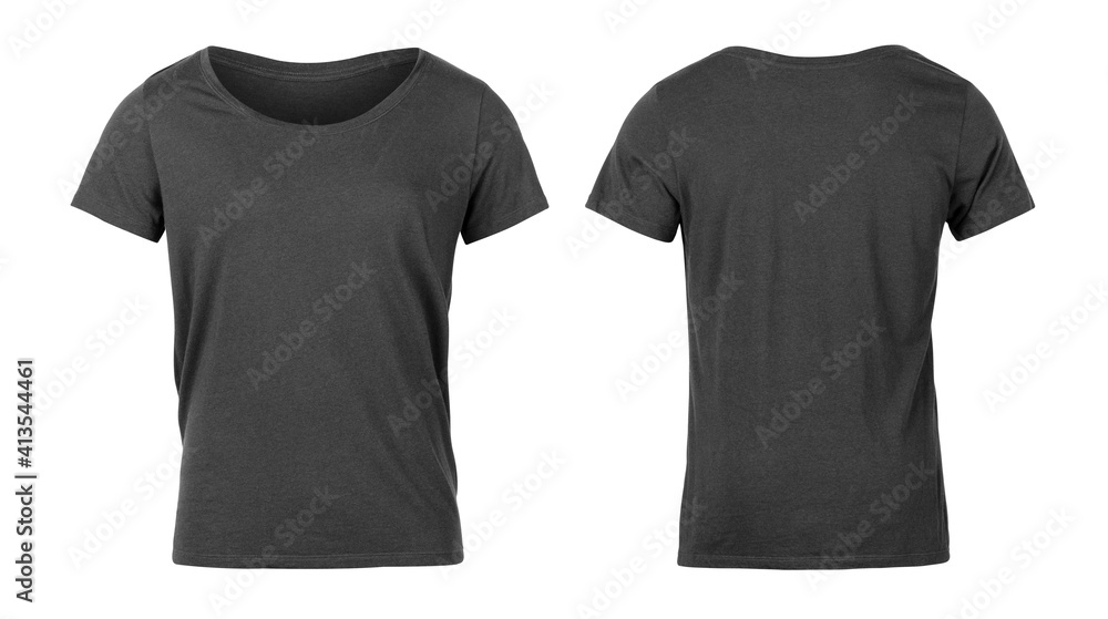 Realistic Grey unisex t shirt front and back mockup isolated on white background with clipping path. - obrazy, fototapety, plakaty 