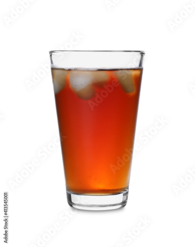 Glass of cold tea and ice cubes isolated on white
