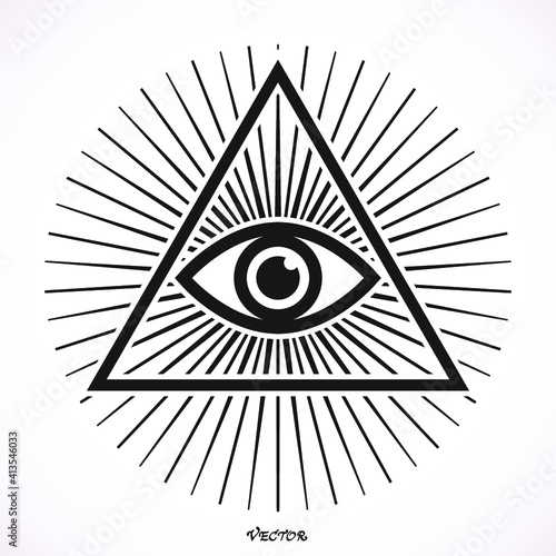 Eye of Providence. Masonic symbol. All seeing eye inside triangle pyramid. New World Order. Hand-drawn alchemy, religion, spirituality, occultism. Isolated vector illustration. Conspiracy theory.