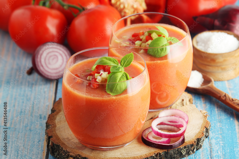 Cold Spanish soup Gazpacho served in glasses Cold Spanish soup Gazpacho served in glasses