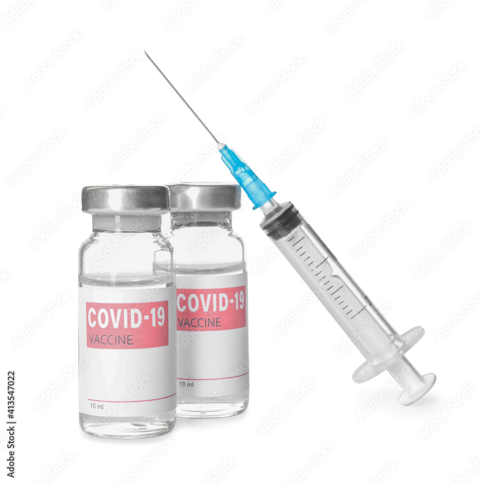 Vials with vaccine against coronavirus and syringe on white background Vials with vaccine against coronavirus and syringe on white background