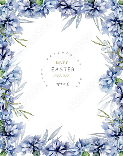 White background with blue cornflowers and green leaves elements. Decorative frame card. Hand drawn watercolor greenery wild flowers