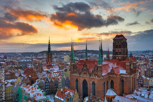 Beautiful old town of Gdansk with Saint Mary Basilica at sunset, Poland