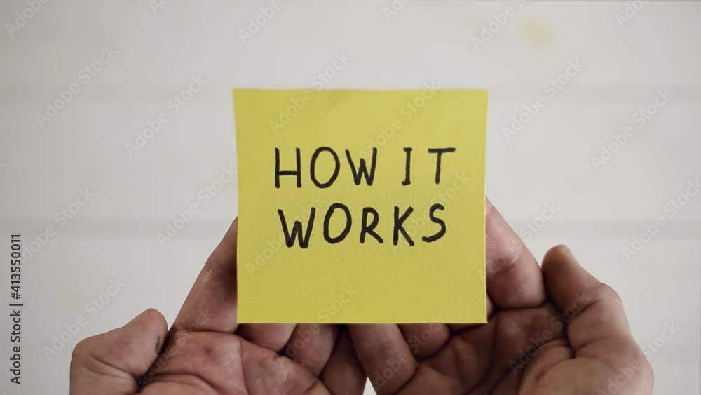 How it works written on a yellow sticker. Man hands holding a yellow sticky note paper on a white background How it works written on a yellow sticker. Man hands holding a yellow sticky note paper on a white background