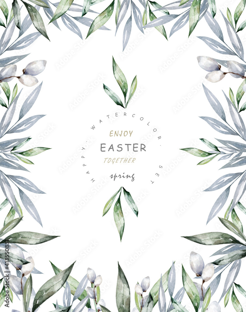 Happy Easter cards with herbal twigs and branches wreath and corners border. Rustic vintage bouquets with fern frons, mistletoe twigs, willow, palm green branches.
