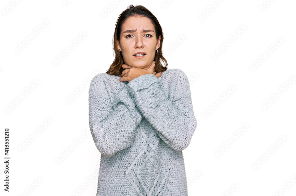 Young caucasian girl wearing casual clothes shouting and suffocate because painful strangle. health problem. asphyxiate and suicide concept. Young caucasian girl wearing casual clothes shouting and suffocate because painful strangle. health problem. asphyxiate and suicide concept.