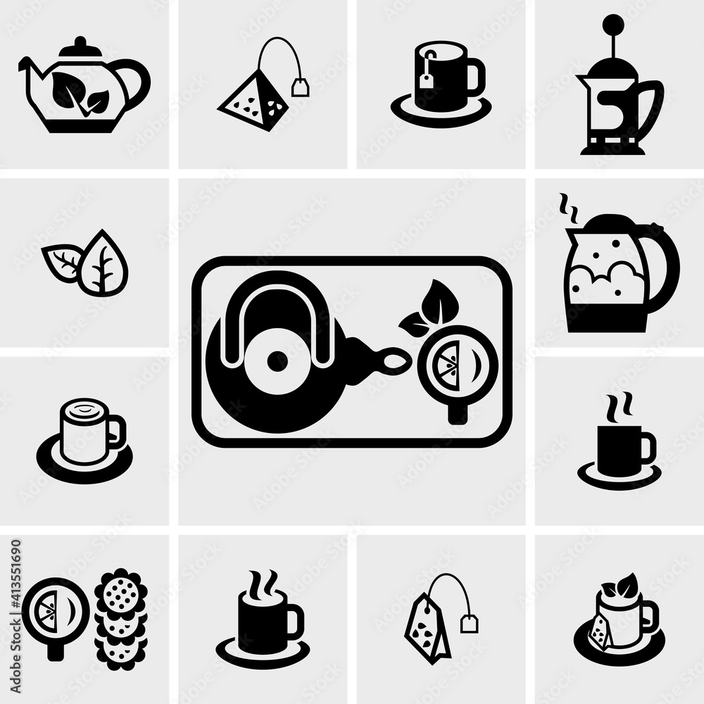 Vector black tea icons set. All white areas are cut away from icons and ...