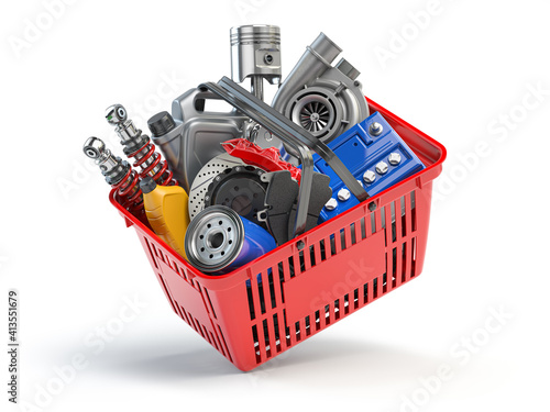 Car parts and auto spare in shopping basket isolated on white.