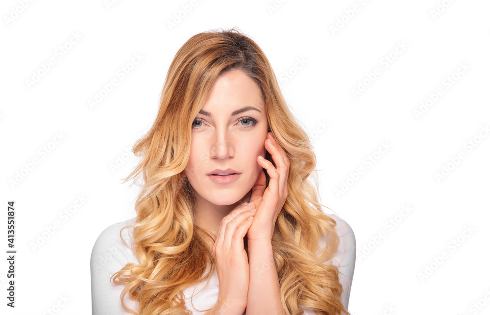 Beautiful tender young blond woman on a white background. Beautiful tender young blond woman on a white background.