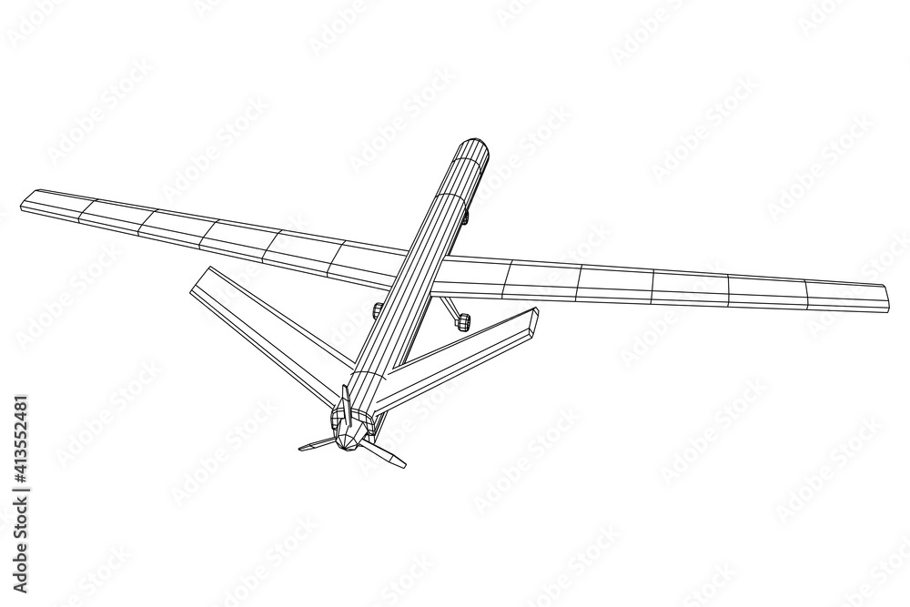 Military drone combat unmanned aerial vehicle. Recon aircraft plane. Wireframe low poly mesh vector illustration. Military drone combat unmanned aerial vehicle. Recon aircraft plane. Wireframe low poly mesh vector illustration.