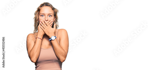 Beautiful caucasian woman wearing casual clothes shocked covering mouth with hands for mistake. secret concept.