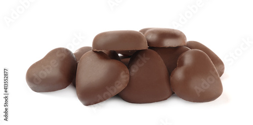 Beautiful heart shaped chocolate candies on white background
