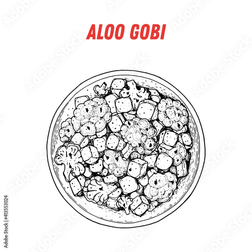 Aloo gobi sketch, Indian food. Hand drawn vector illustration. Sketch style. Top view. Vintage vector illustration.