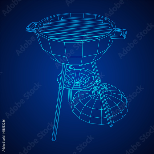 Round barbecue grill. Outdoor bbq party. Wireframe low poly mesh vector illustration