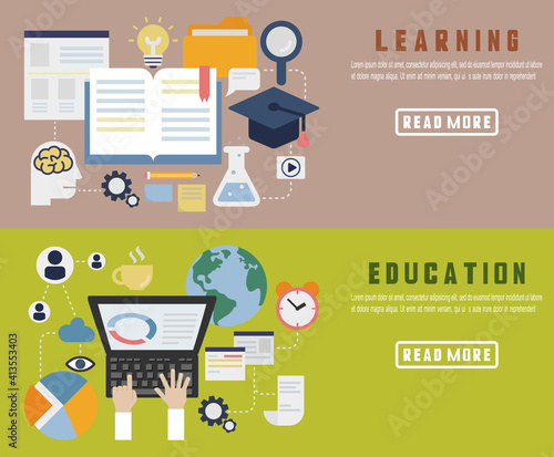 Vector Education school university e-learning concept with computer.Vector icon