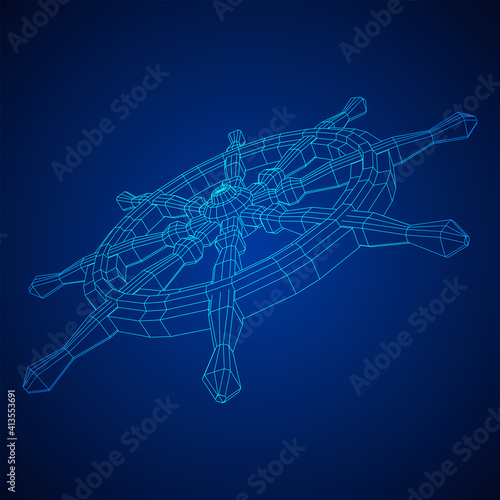 Ship steering wheel. Marine rudder. Wireframe low poly mesh vector illustration.