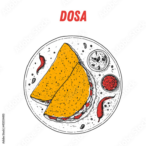 Dosa sketch, Indian food. Hand drawn vector illustration. Sketch style. Top view. Vintage vector illustration.