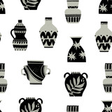 Various ceramic Vases. Different shapes. Antique, ancient ceramics. Pottery concept. Different textures. Hand drawn Vector seamless Pattern. Square repeating Background, wallpaper