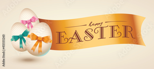 Happy easter lettering, golden easter logo elements, colorful ribbons. Vector illustration greeting card, ad, promotion, poster, flyer, web-banner, article