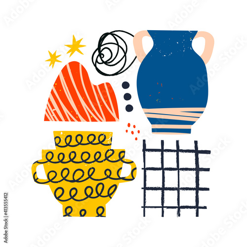Ceramic Vases and random Abstract doodle objects. Abstraction, Pottery concept. Various textures. Hand drawn Vector illustration. Colorful Template. Pre-made Poster or Print. Contemporary Art