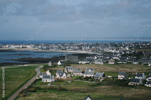 top view of village, coast and ocean in Brittany, France