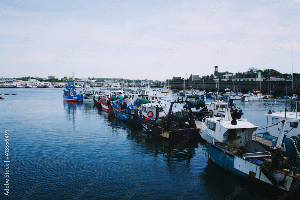 view of the harbor in Brittany, France, Fishermen boats
