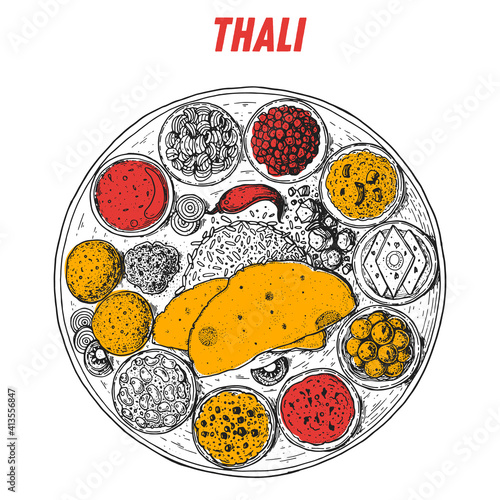 Indian thali sketch, Indian food. Hand drawn vector illustration. Sketch style. Top view. Vintage vector illustration.